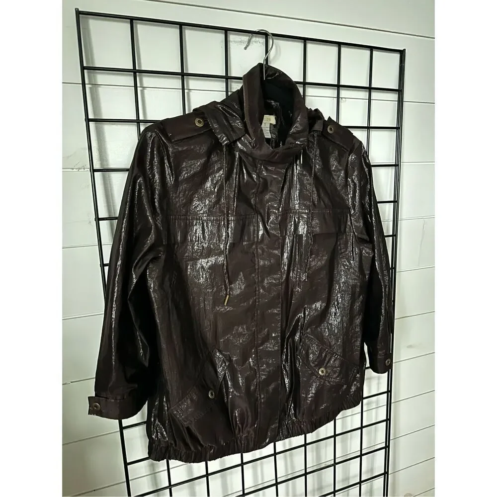 Chico's Size‎ 1 Jacket Coat Womens Medium 3/4 Sleeve Hooded Shiny Brown Pockets